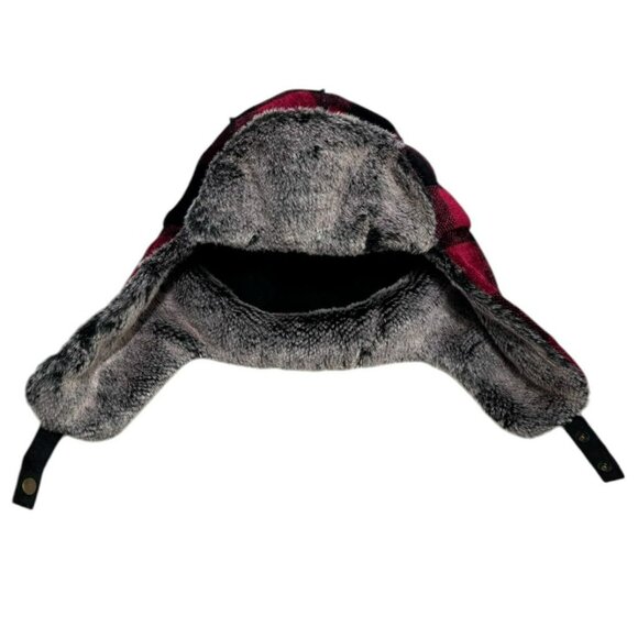 VTG Woolrich Trapper Hat Buffalo Plaid Ear Flaps Faux Fur-Lined Cap Red Black - Picture 5 of 12